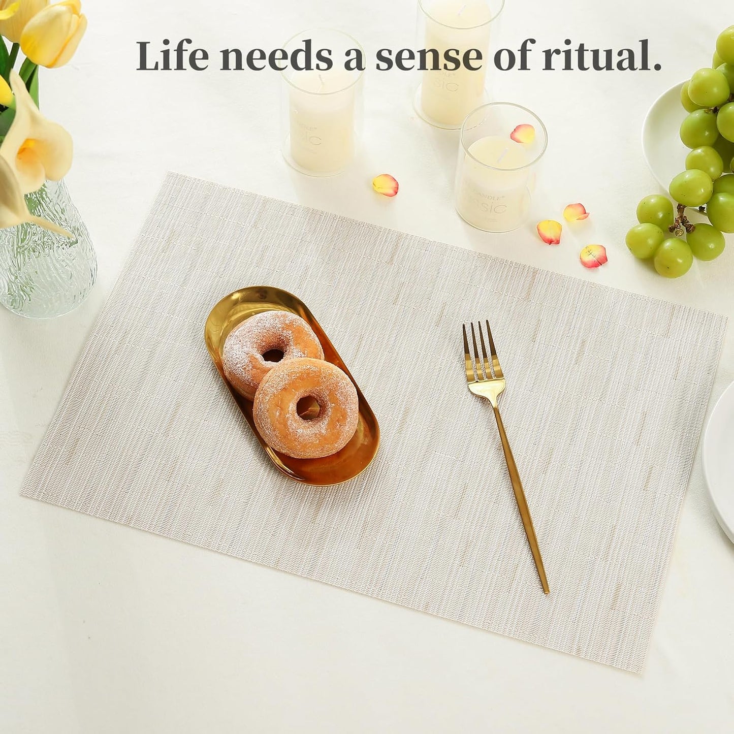Leetaltree Pale Beige Placemats Set of 8 - Heat Resistant Non-Slip Place mats for Dining Table, Washable Durable PVC Vinyl Woven Table Mats（Pale Beige, 8）