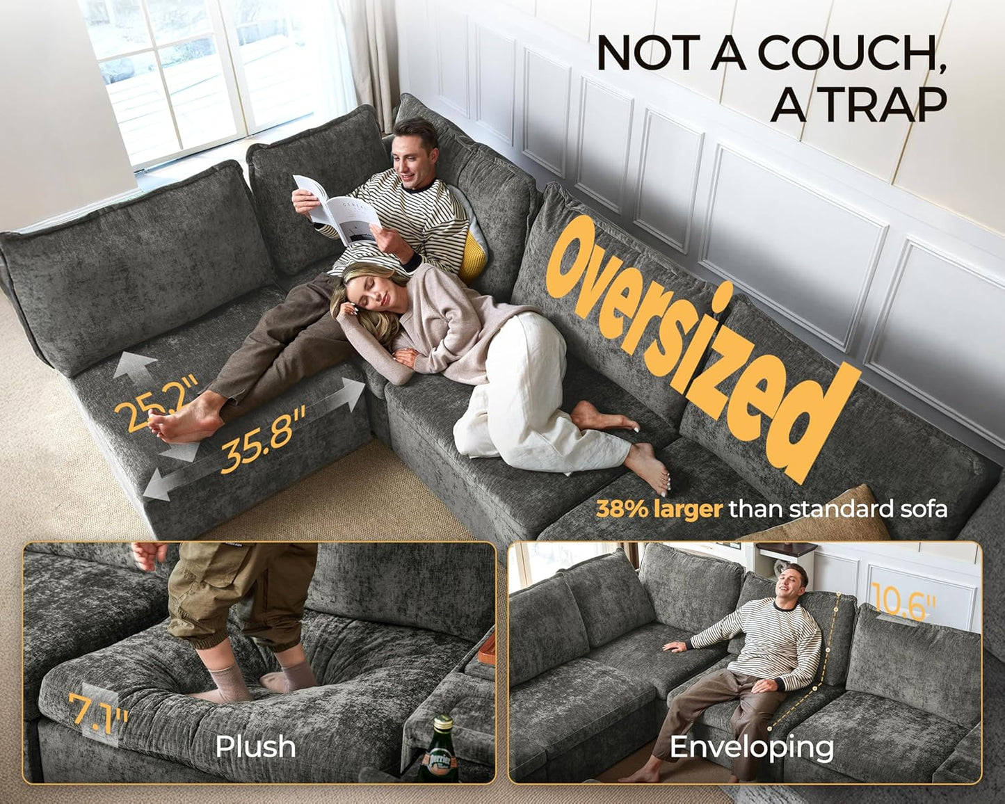 Oversized Modular Sofa Comfy Cloud Couch with Storage, Extra Deep Plush Sectional Sofa Set for Living Room, Covers Washable, Chenille, Olar (Grey, 6-Seater with 2 Ottomans, u-Shaped)