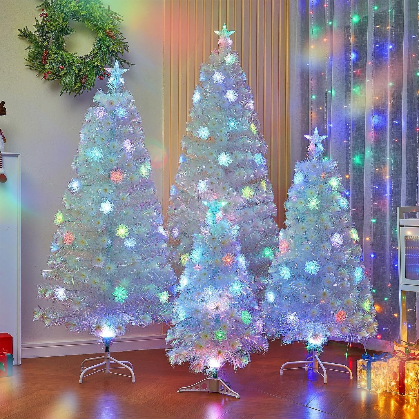 Juegoal 5ft Pre-Lit Artificial Christmas Tree, Lighted Optical Fiber Xmas Trees with Color Changing LED Lights, Snowflakes & Top Star, Party Home Holiday Fake Multicolored Tree with Metal Legs, White