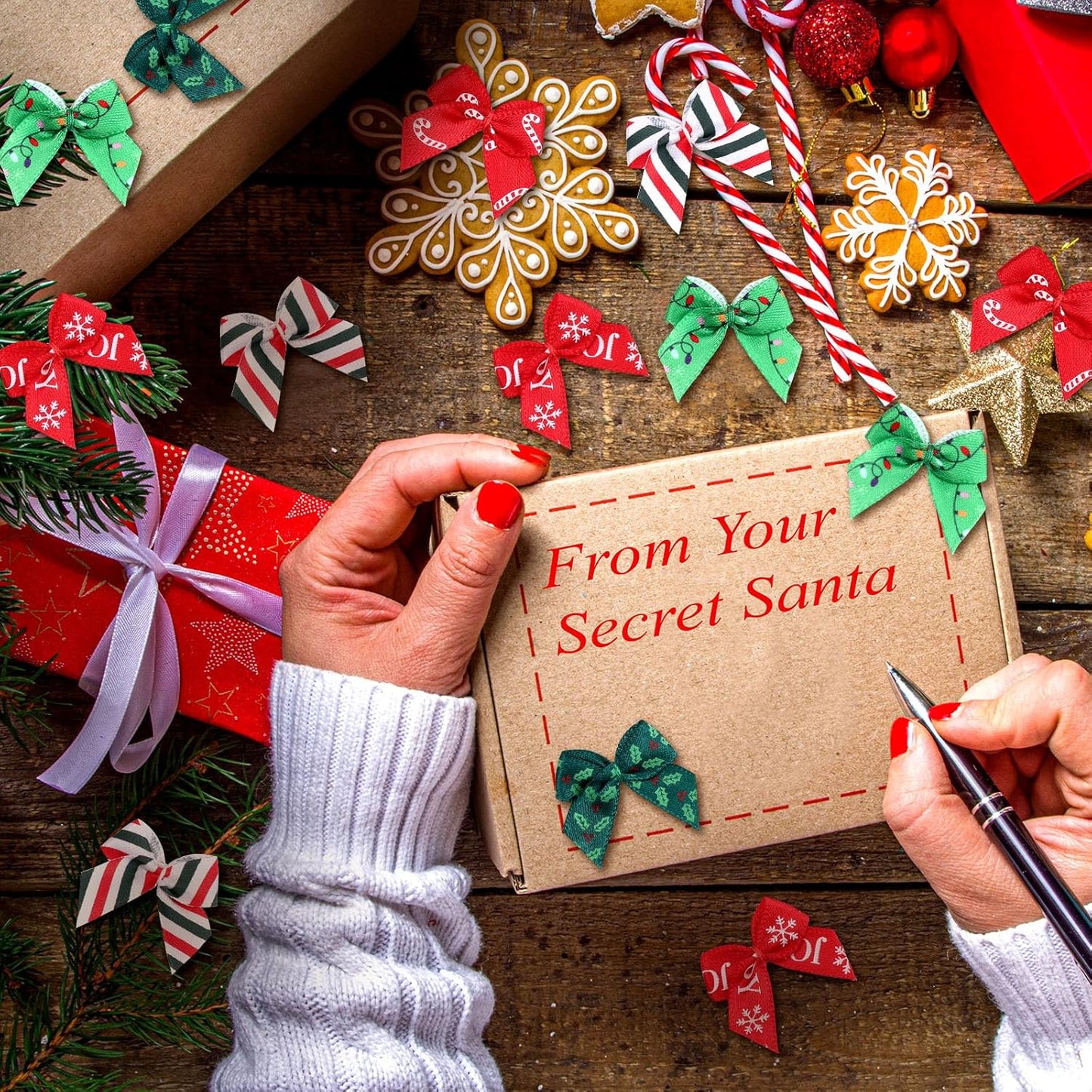 Syhood 150 Pcs Christmas Mini Bow Tiny Twist Tie Bow Handmade Craft Ribbon for DIY Sewing Party Decor(Red and Green,Classic)