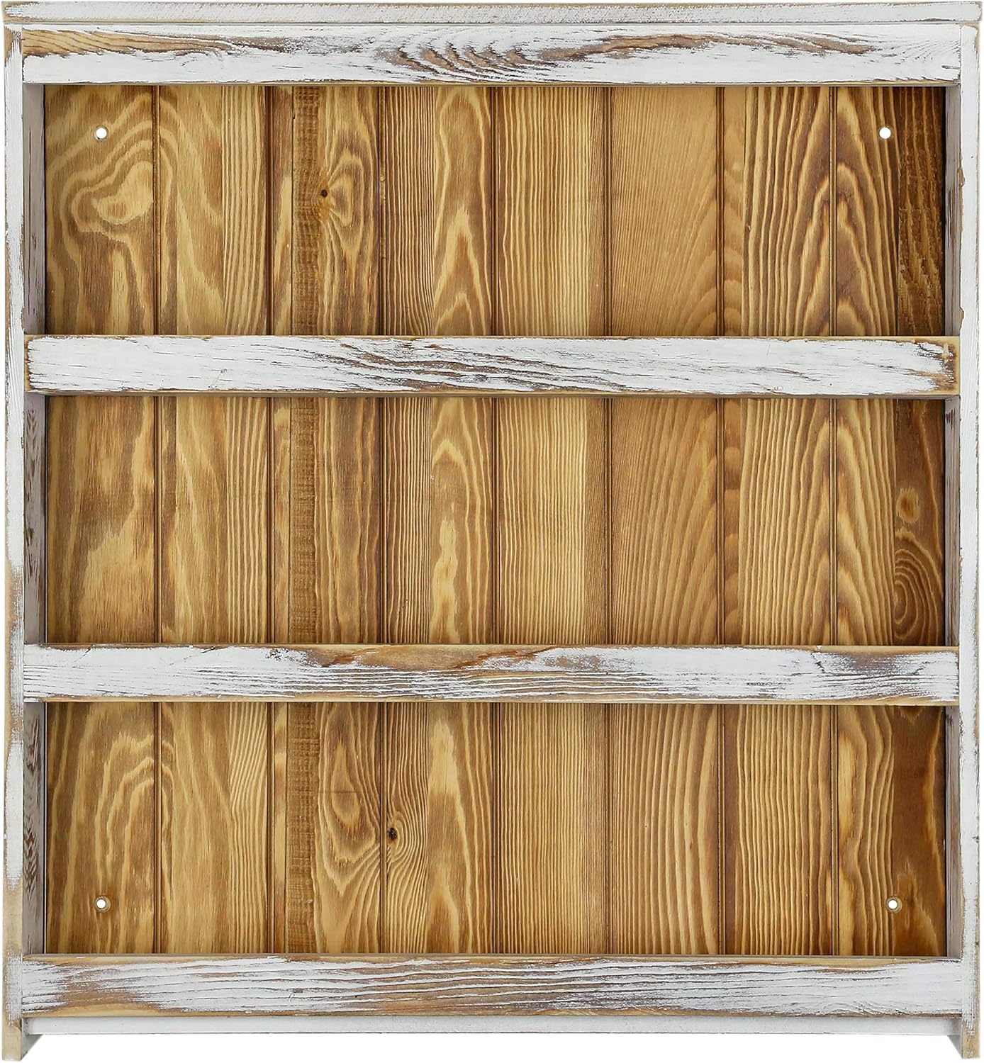 MyGift 3 Tier Wall Mounted Spice Rack, Shabby White Washed and Rustic Natural Burnt Solid Wood Kitchen Pantry Storage Shelf for Seasoning Jars or Condiment Bottles