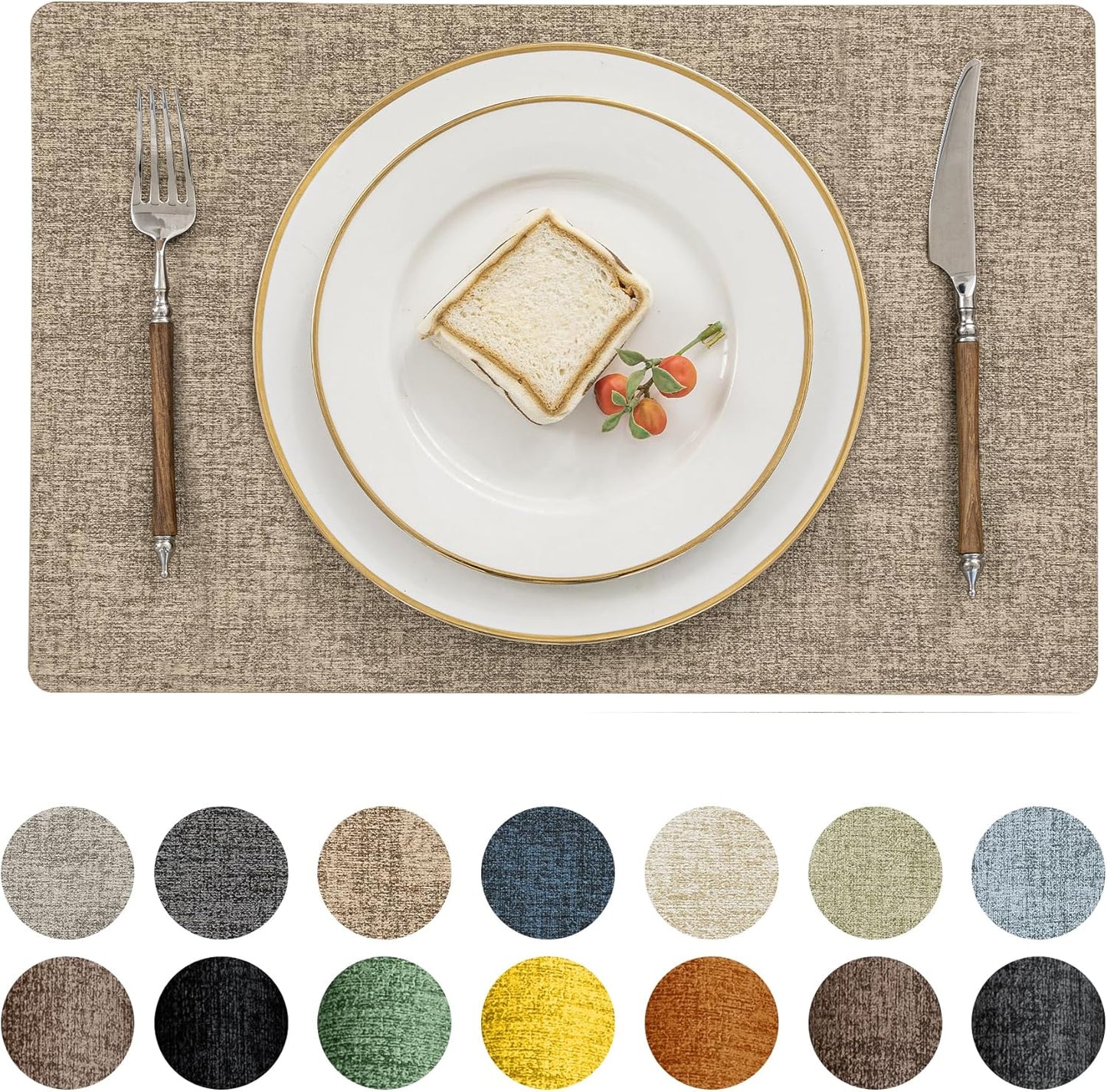 Romanstile Vinyl Placemats Set of 4-12 X 18 Inch - Heat Resistant Place Mats 100% Waterproof Oilproof Wipeable Reversible Faux Leather Table Mats for Kitchen/Dining/Party/Outdoor, Khaki