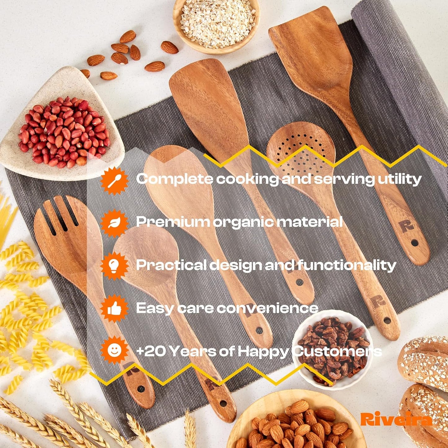 Riveira Walnut Wooden Spoons for Cooking Set of 6 – Natural Walnut Wooden Cooking Utensils, Wooden Spatula, Wooden Spoon - Premium Quality Wooden Utensil Set for Non-Toxic Cooking