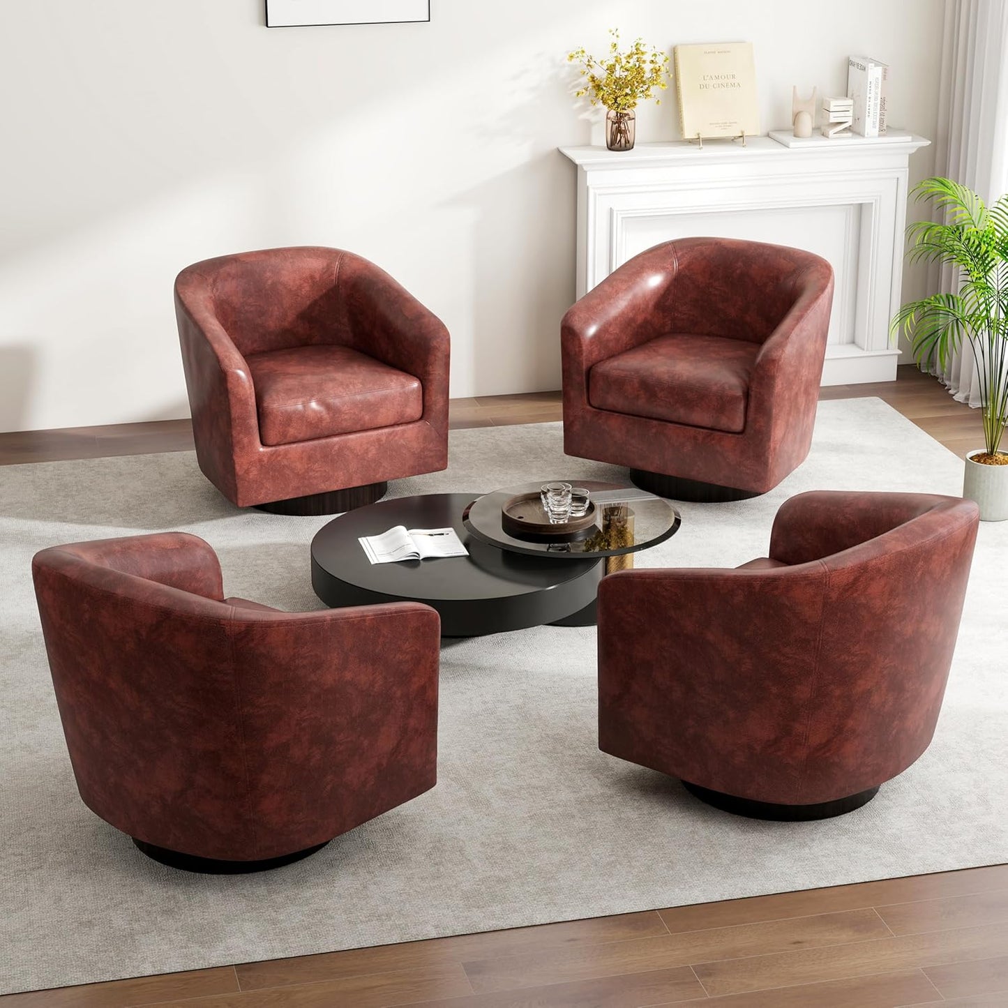 Swivel Barrel Accent Chair, Modern Round Faux Leather Arm Chair for Living Room, Bedroom, Comfy Club Reading Chairs for Adults(Faux Leather, Red Brown, Set of 4)