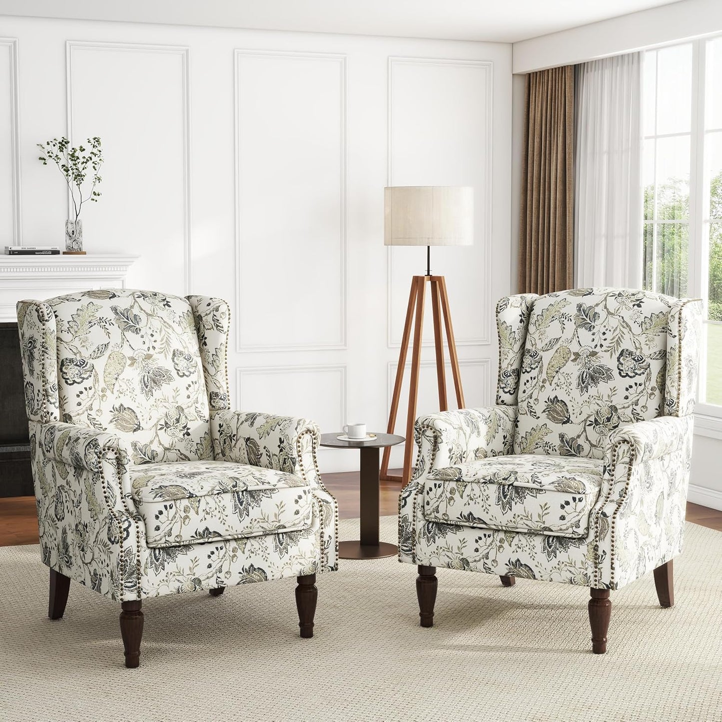 UIXE High Back Floral Accent Chairs Set of 2, Upholstered Armchair in Fabric, Retro Printed Wingback Arm Chair for Living Room, Nailhead Trim Single Sofa Bedroom Reading Seat - Plants Beige