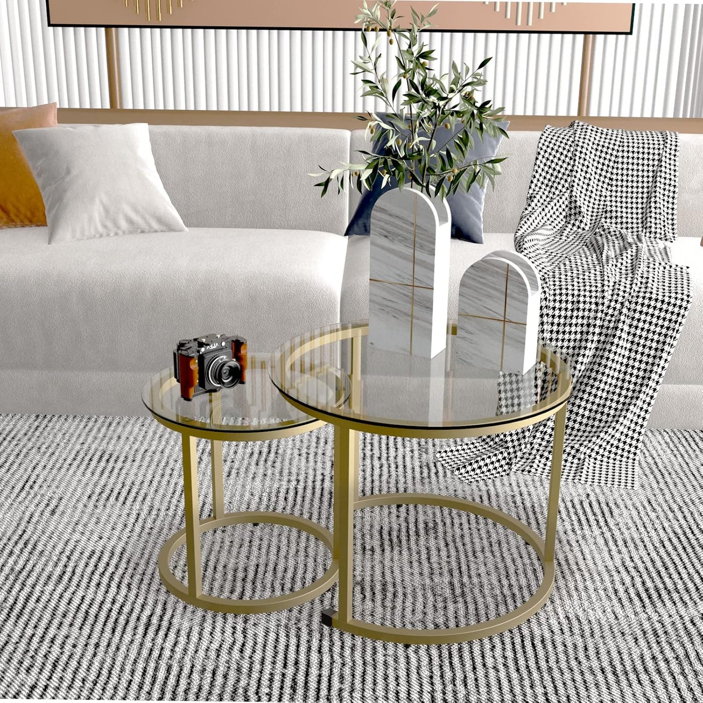 aboxoo Gold Nesting Coffee Table Set of 2, Small Glass Round Nesting Tables for Living Room Bedroom, Accent Tea Table with Metal Frame Modern Industrial Simple