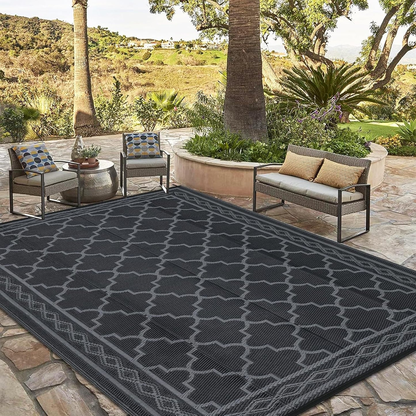GAOMON Reversible Outdoor Rug 9'x18' Waterproof Plastic Straw Rug, Patio Rug, Large Modern Area Rug Carpet, Indoor Outdoor Rugs for Camping, Porch, Deck, Balcony, Backyard, Black/Grey(Geometric)