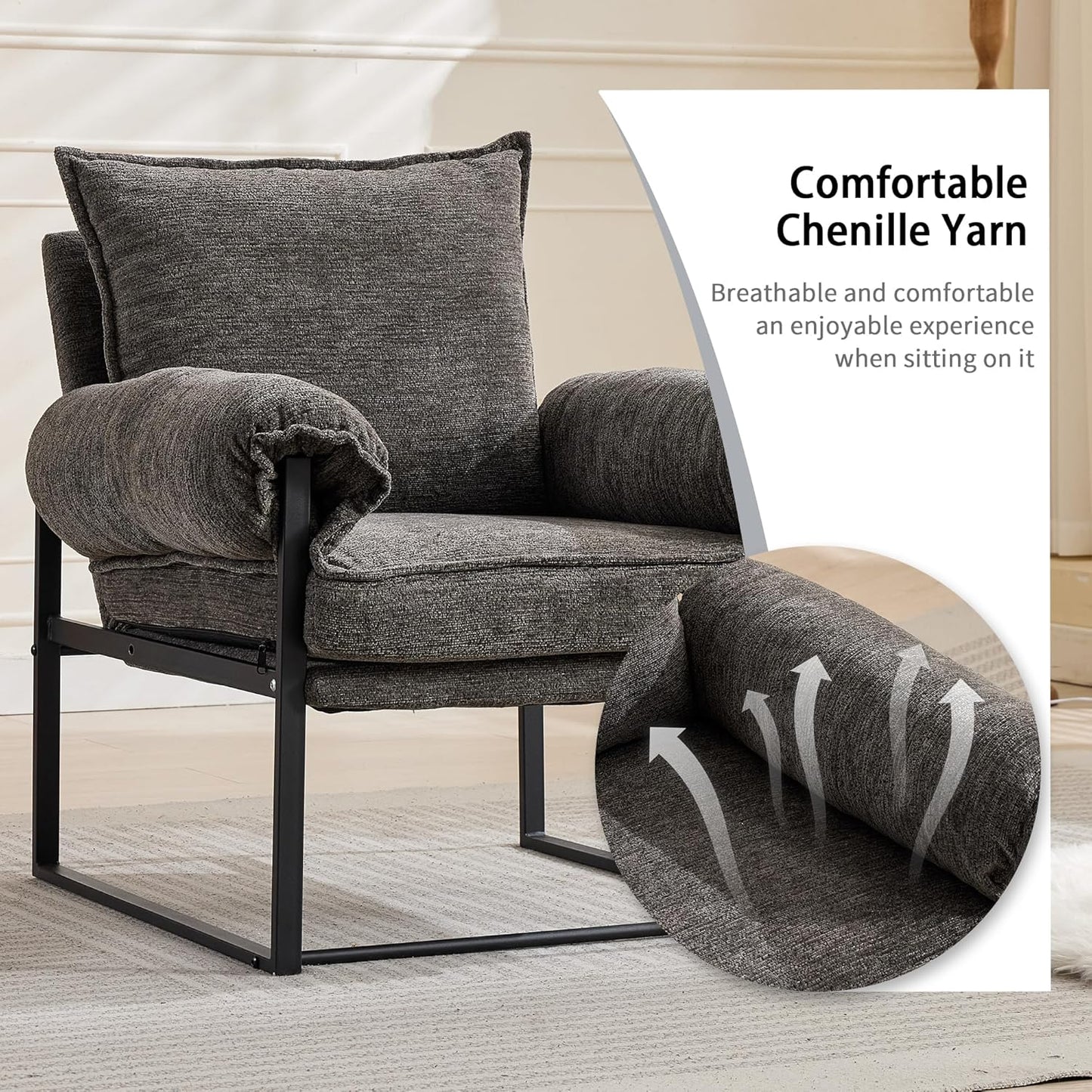 YISHENG Accent Chair with 6-Angle Adjustable Backrest, Chenille Fabric Living Room Chair Upholstered Lounge Chair, Modern Chair Cozy Reclining Chair for Reading Room, 1PC Gray