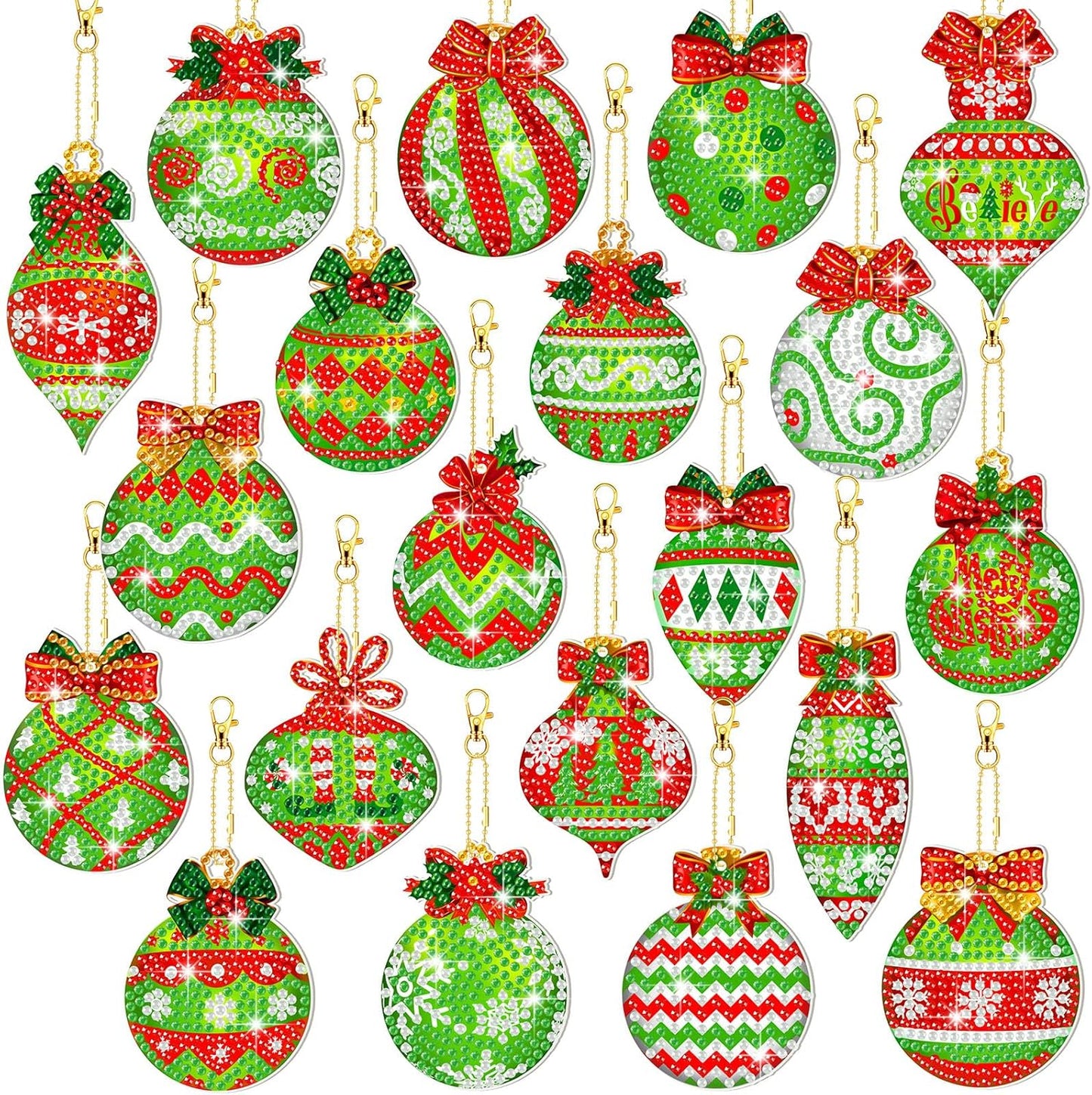 Tondiamo 20 Pcs Christmas Diamond Painting Keychain Kits 5D DIY Diamond Art Pendants Double Sided Hanging Key Chains for Christmas Party Decoration DIY(Green Balls)