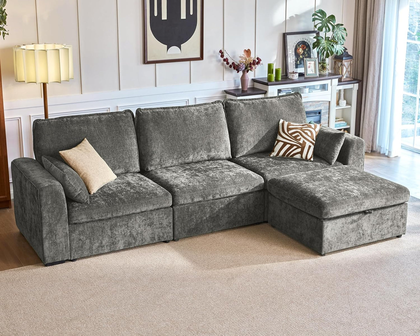 Oversized Modular Sofa Comfy Cloud Couch with Storage, Extra Deep Plush Sectional Sofa Set for Living Room, Covers Washable, Chenille, Olar (Grey, 4-Seater with Ottoman, l-Shaped)