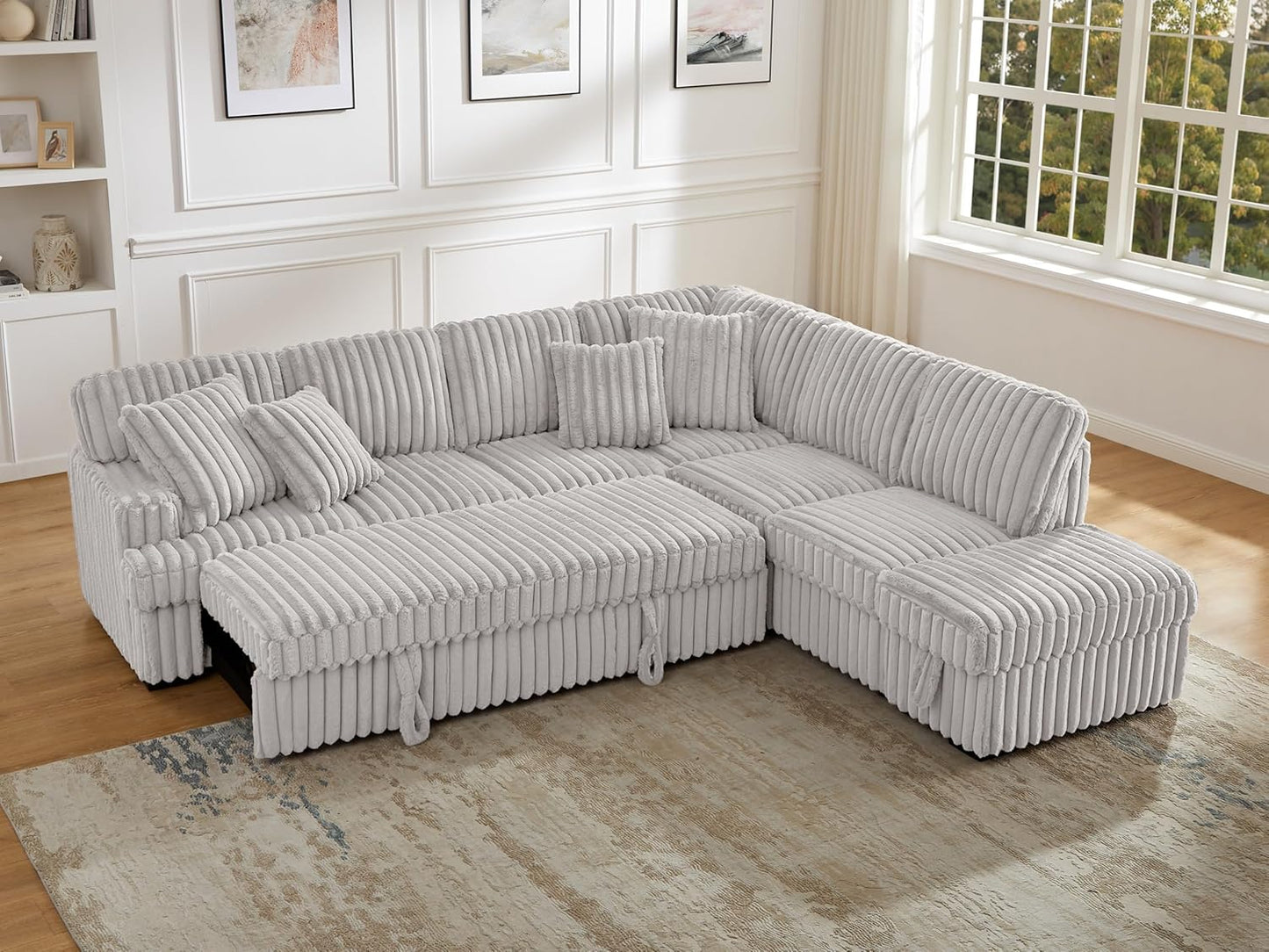 THSUPER 113-Inch Oversized L Shaped Plush Corduroy Fluffy Sectional Sleeper Sofa with Pull Out Bed and Storage Ottoman - Off-White