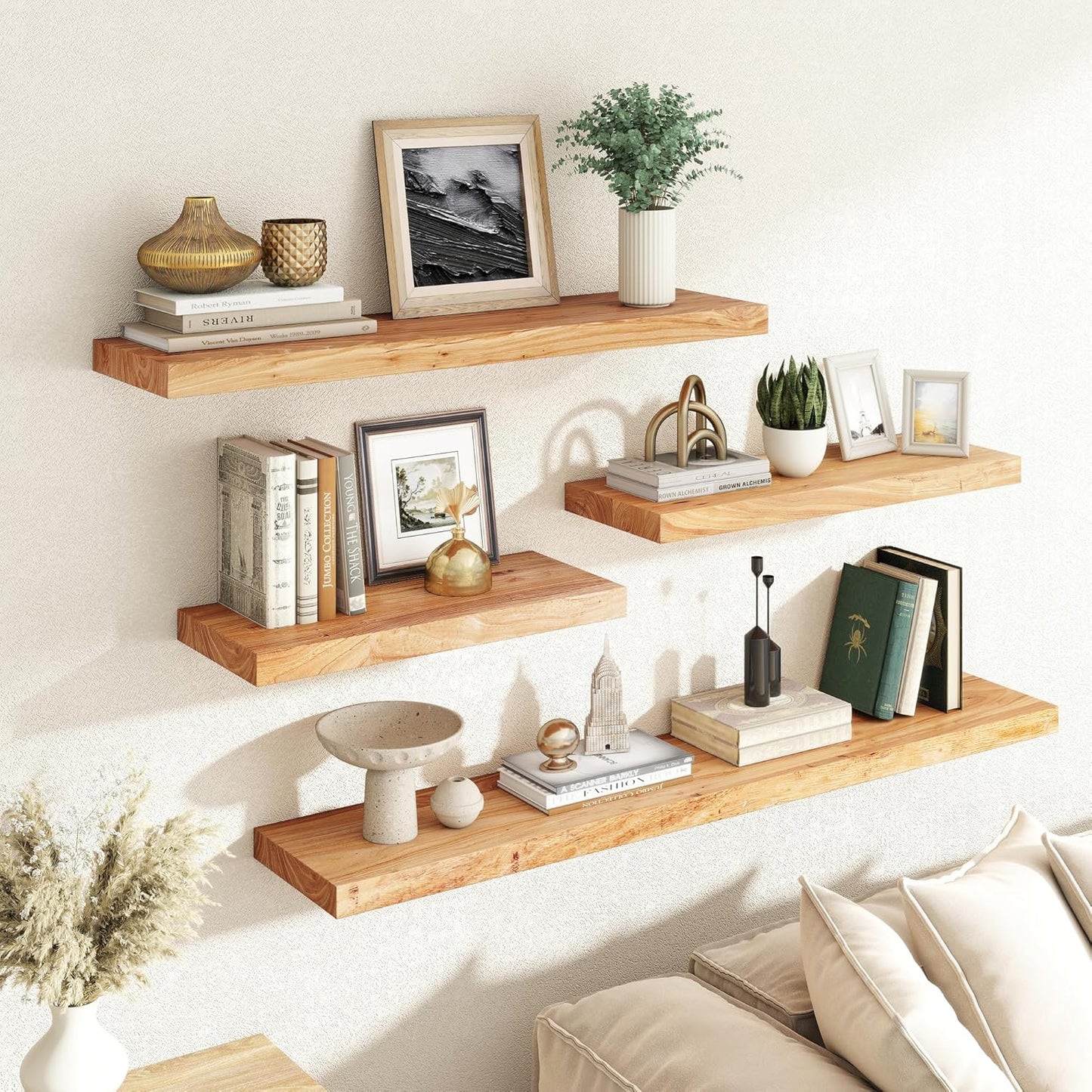 RICHFOCUS Elm Floating Shelves for Wall - 40" W x 9.3" D Rustic Solid Wood Shelves with Invisible Bracket, Wall-Mounted for Living Room, Bedroom, Kitchen Storage & Display, Set of 2, Natural