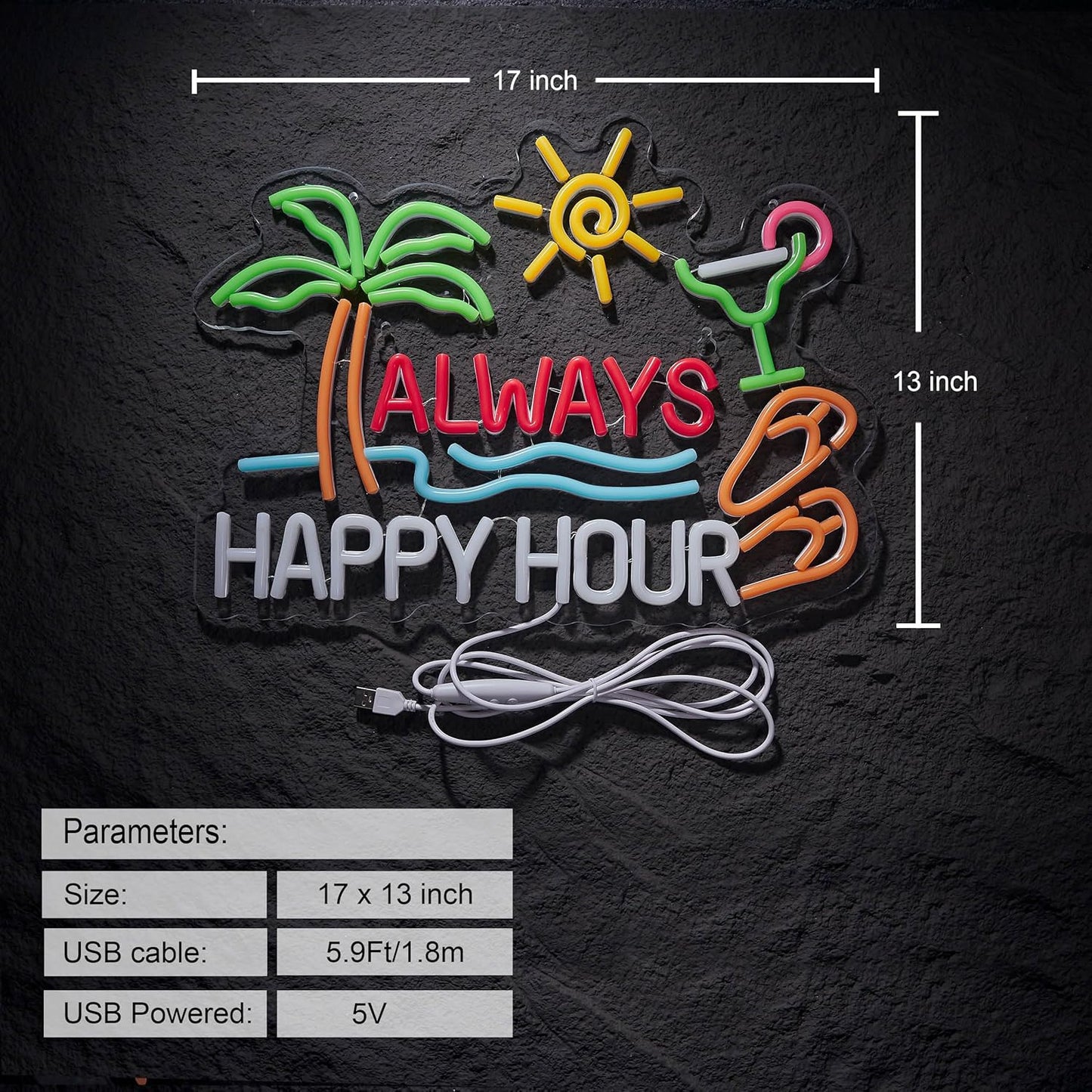 Always Happy Hour Beer Bar Neon Sign for Wall Décor Dimmable USB LED Neon Light for Home Tiki Bar Decor Man Cave Parties Gift