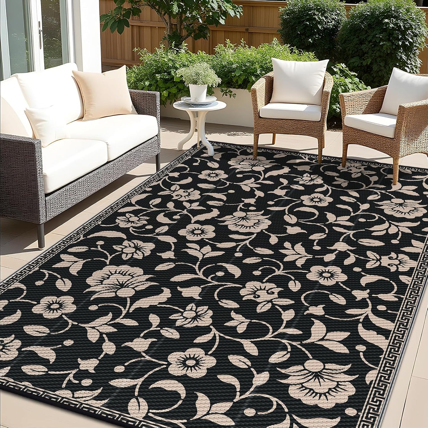 OLANLY Waterproof Outdoor Rug 6x9 ft, Outdoor Plastic Straw Rug with Flower Pattern, Reversible RV Mat for Patio, Camping, Balcony, Deck, Backyard, Black & Beige