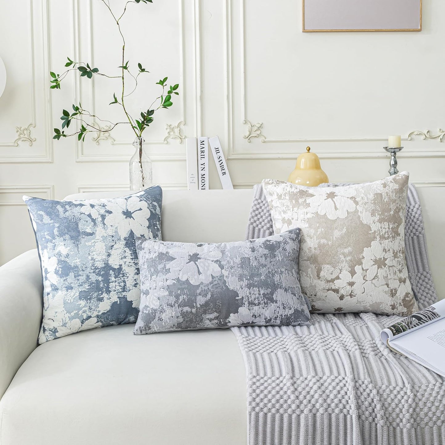 Jacquard Throw Pillow Covers 12x20 Inch Set of 2 - Vintage Floral Boho Pillow Cases with Botanical Pattern | Farmhouse Decor for Couch Living Room | Soft Textured Neutral Trio Slate Gray 12" x 20"