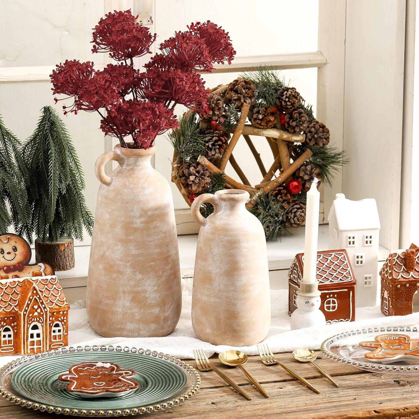 Ceramic Rustic Vase, 12.8" Large Flower Vases Home Decor for Pampas Farmhouse Decorative Pottery Clay Vase for Mantel Entryway Table Living Room Kitchen Bathroom Bedroom