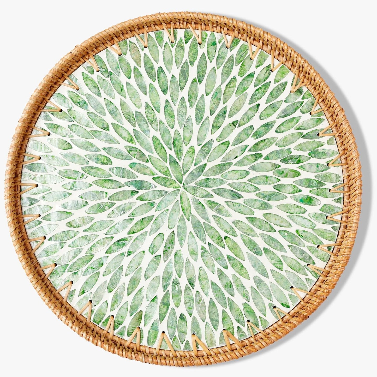 Round Rattan Tray with Mother of Pearl Inlay & Wooden Base - Decorative Wicker Serving Tray for Coffee/Bread/Fruits, Food Storage & Display - Multipurpose Home Decor (M,Green Leaves)