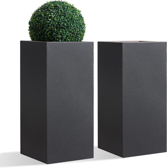 Metallic Heavy Tall Outdoor/Indoor Planter Box, Rectangular, 14Lx14Wx30H Inches, ‎25LBS/PC, Dark Gray, No Assembly Required and Seamless, Set of 2