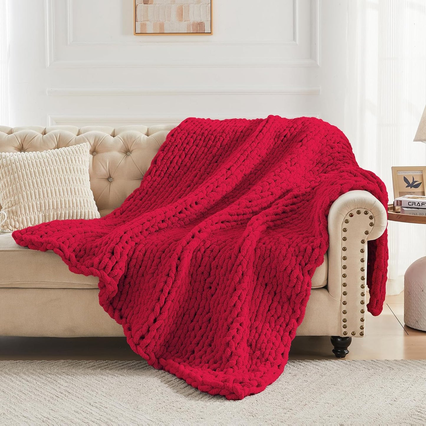 Carriediosa Chunky Knit Throw Blanket 60" X 80" Twin, 100% Hand Made Large Chenille Loop Yarn Soft Fluffy Throws for Couch Sofa Bed, Big Crochet Cozy Heavy Thick Cable Woven Blankets, Red