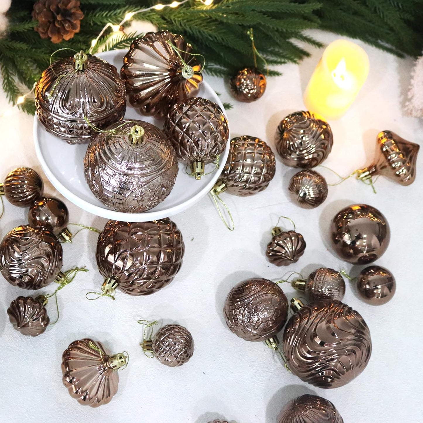 Christmas Ornaments Set with 36pcs Shatterproof Christmas Tree Decorations Multi-Size Christmas Ball Ornaments with 7 Styles Brown