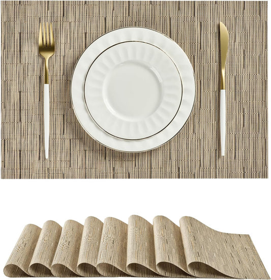 Leetaltree Light Brown Placemats Set of 8 - Heat Resistant Non-Slip Place mats for Dining Table, Washable Durable PVC Vinyl Woven Table Mats（Light Brown, 8）
