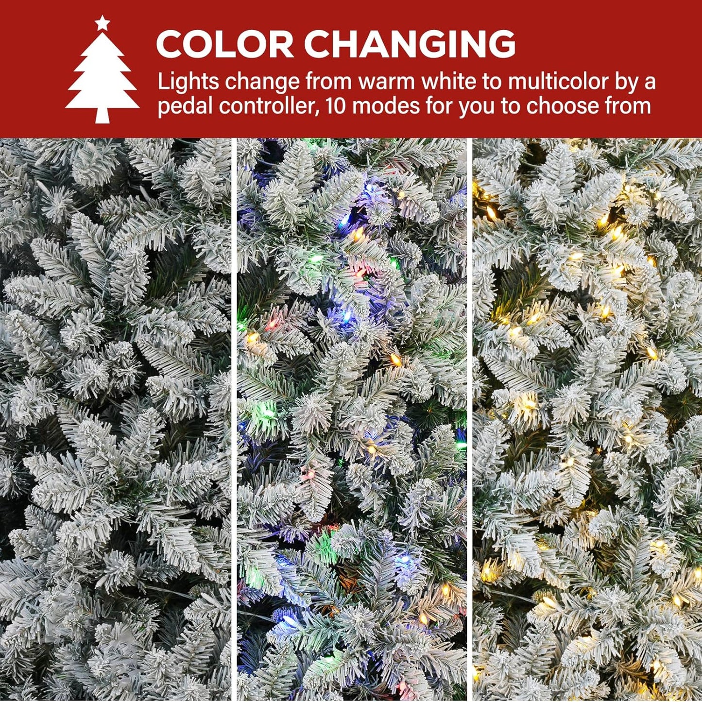 Hykolity 7.5 ft Prelit Snow Flocked Christmas Tree, Artificial Christmas Tree with 450 Color Changing LED Lights, 1446 Branch Tips, Metal Stand and Hinged Branches, 10 Colors