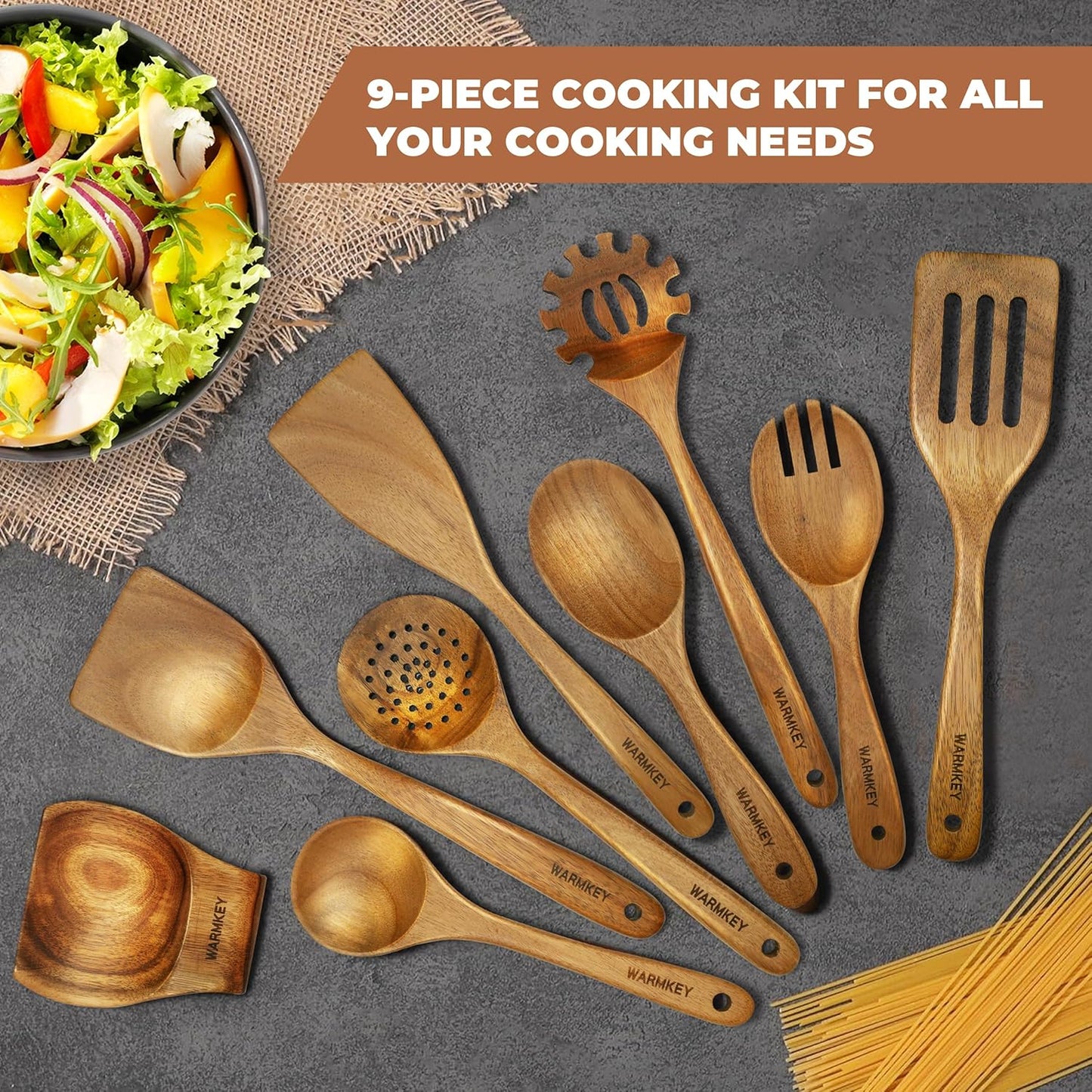 Acacia Wood Kitchen Utensil Set 9PC-Natural Wooden Cooking Tools for Nonstick Pans&Stir Frying,Scratch-Proof&Heat Resistant,Sturdy&Lightweight with Spoon Rest (Kitchen Utensil Set 9PC)