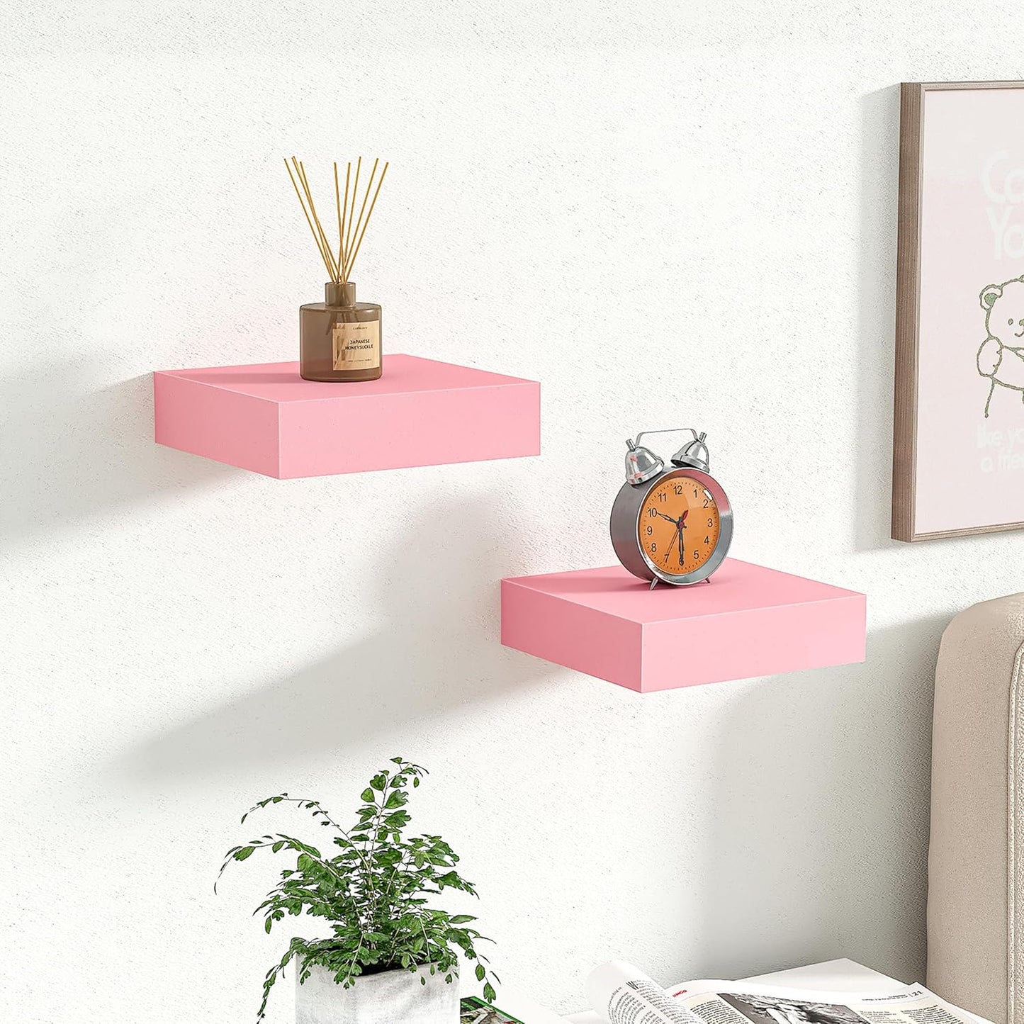 BAMEOS Pink Floating Shelves for Wall, 6" x 6" Wall Shelves for Room, Floating Book Shelves, Hanging Shelves for Bedroom, Bedroom, Living Room, Kitchen (Set of 2)