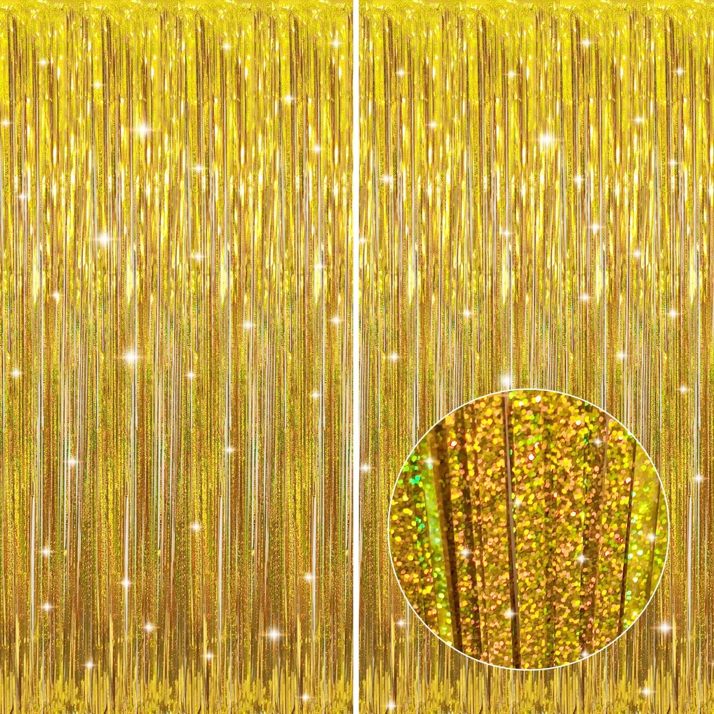 GOER 6.4 ft x 8.2 ft Metallic Tinsel Foil Fringe Curtains,Pack of 2 Party Streamer Backdrop for Birthday,Graduation Decorations and New Year Eve (Shiny Gold)