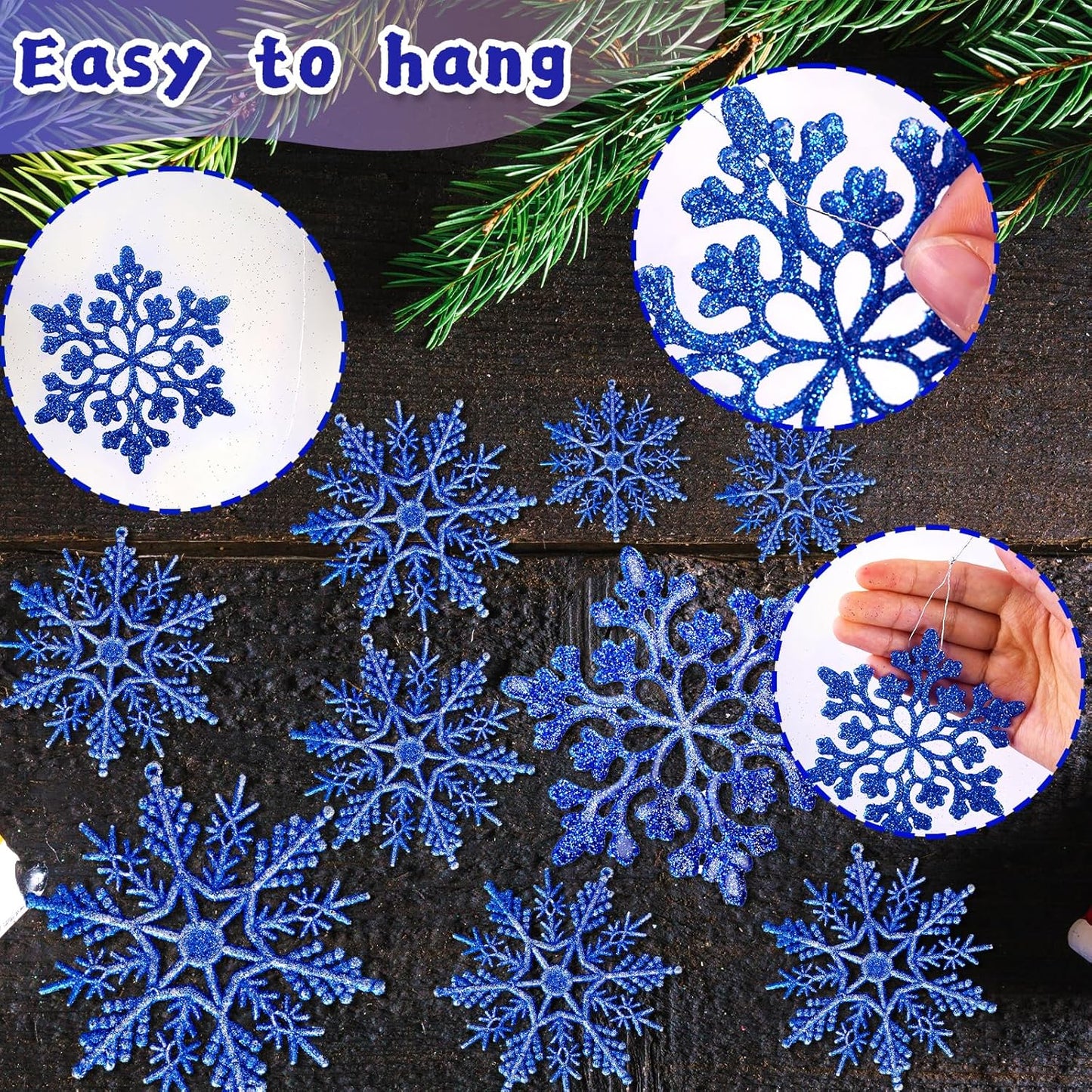 Christmas Tree Decorations Snowflake Ornaments 36Pcs Blue Silver Glitter Plastic Hanging Snowflakes from Ceiling Snow Flakes Decorating Hanging for Winter Wonderland Decorations Indoor Outdoor Decor