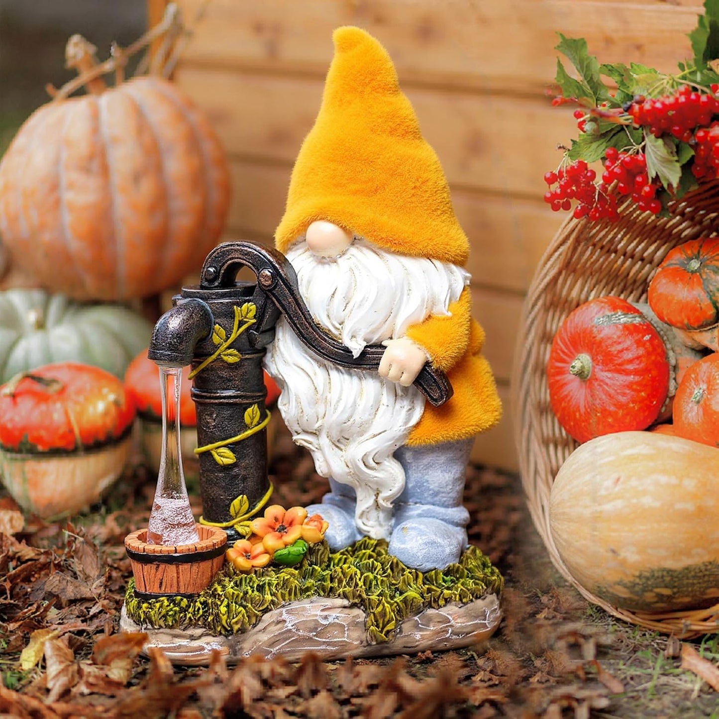 TERESA'S COLLECTIONS Fall Decor, Fall Gnomes Decor, Autumn Garden Gnomes Pumping Water with Solar Lights, Waterproof Resin Outdoor Fall Decor, Fall Gifts Outdoor/Indoor,9"