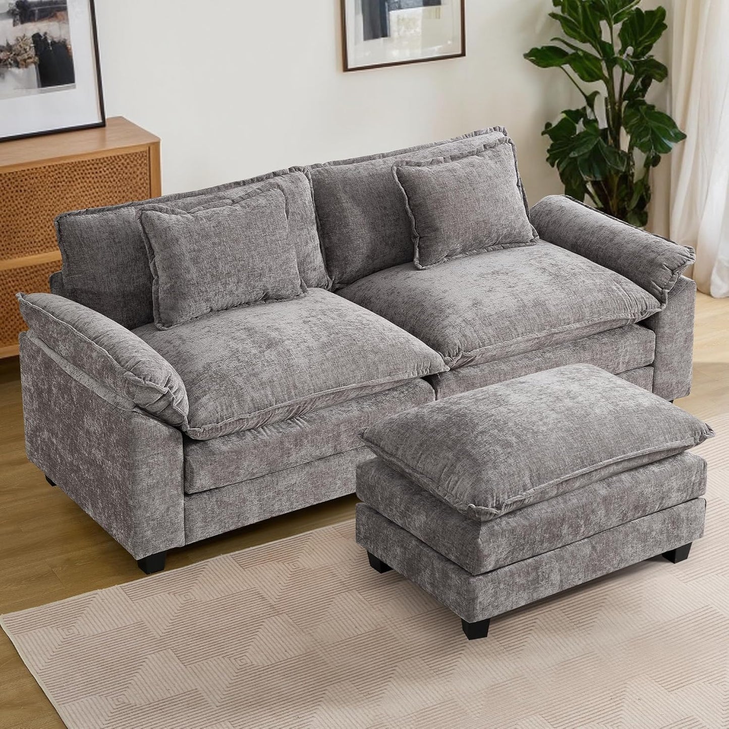 URRED Modular Sectional Sofa Comfy Cloud Couch, Modern Chenille Sofa Sleeper Deep Seat Couches with Ottoman/Pillows for Living Room (Gray, 82.6''- L Shape)