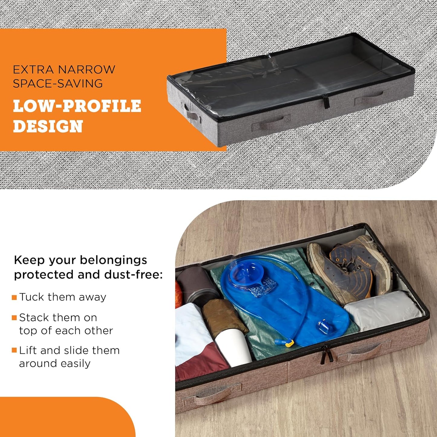 storageLAB Under Bed Storage Containers, Low Profile Underbed Organizers with Sturdy Handles, Dual Zippers, and Clear Windows, Ideal for Clothes, Pillows, and Blankets - 2 Pack, Low Profile, Gray