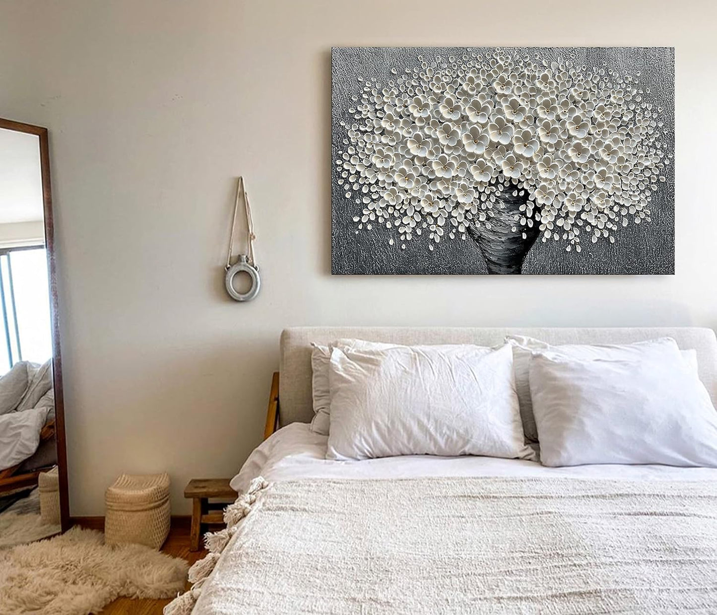 Epicler 30x45 inch Hand-Painted Oil Painting, White Bouquet Oil Painting, Canvas Wall Decoration Painting.