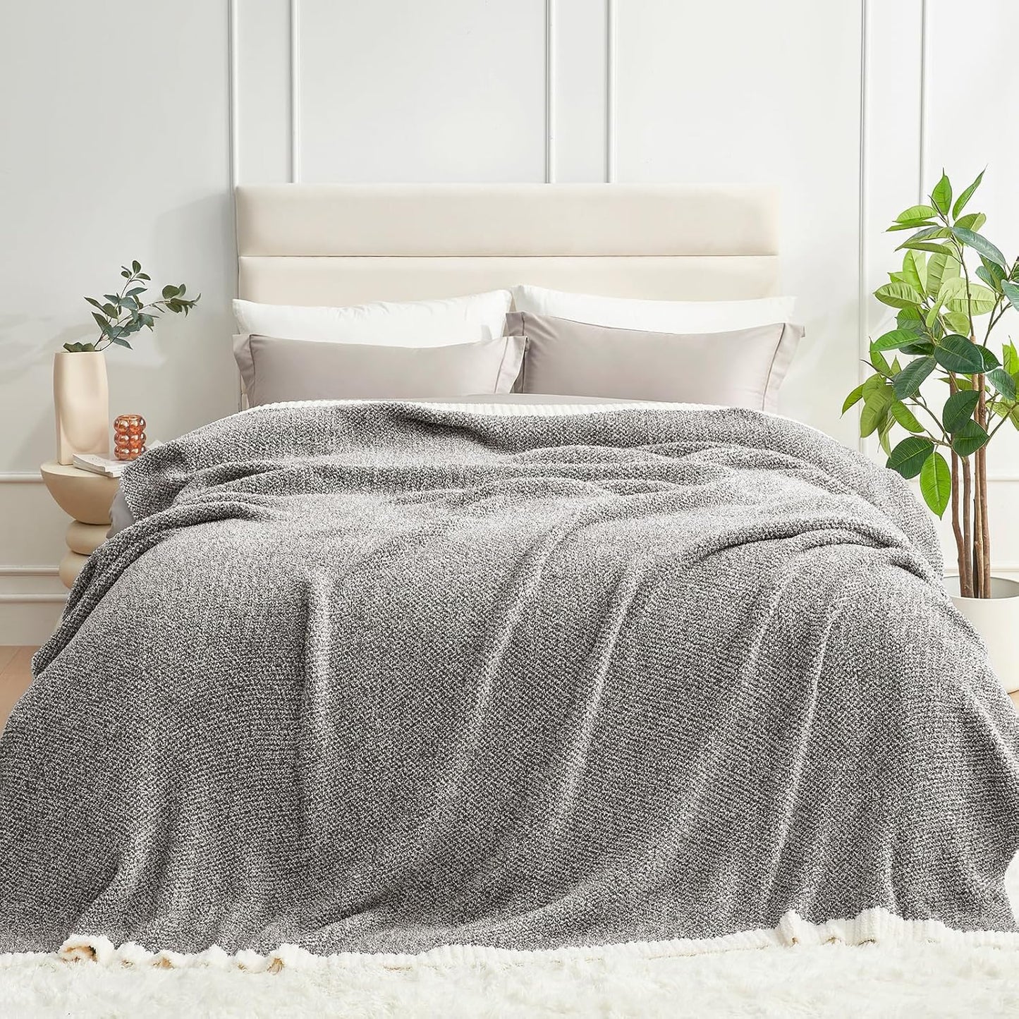 Snuggle Sac Queen Size Bedding Blankets, Super Soft Warm Oversized Blankets for Bed, Cozy Knit Fuzzy Plush Bed Blankets,Heather Dark Grey,90x90 inches