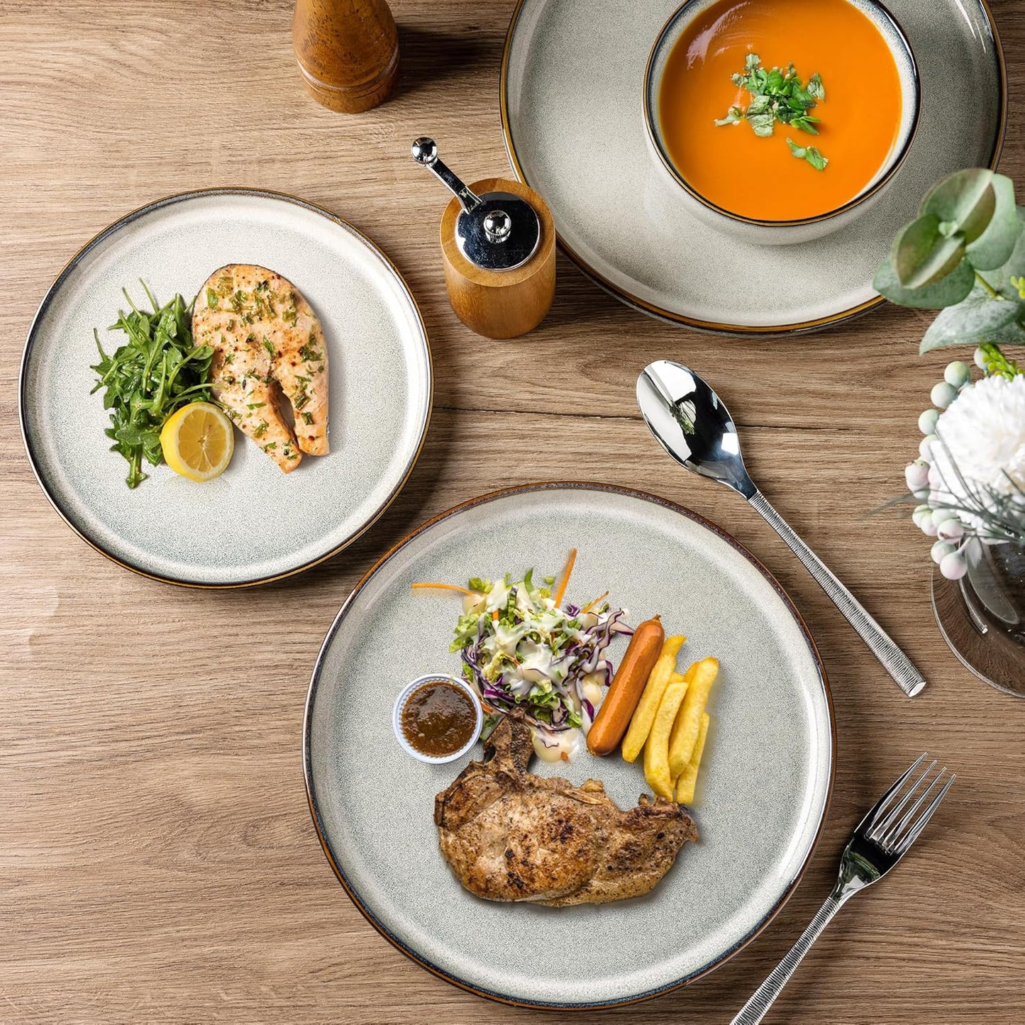 GBHOME Ceramic Dinnerware Sets for 8, 24 Pieces Stoneware Plates and Bowls Sets, Scratch Resistant Dishes, Dishwasher & Microwave Safe, Reactive Glaze-Green Wheat