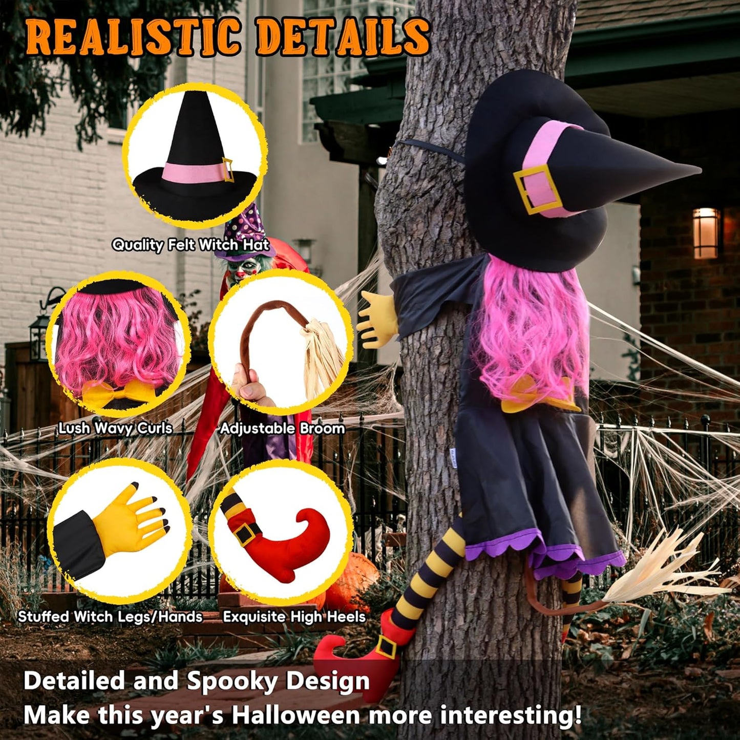 POPGIFTU 51" Halloween Crashing Witch Decoration – Pink Flying Witch for Tree, Yard, Porch, and Indoor Outdoor Halloween Décor