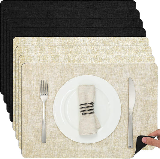 Myir JUN Placemats Dual Sided, Faux Leather Place Mats Set of 8 Indoor Placemats for Dining Table Non-Slip Washable Placemats Heat Resistant Outdoor Table Mats (Set of 8, Cream Black)