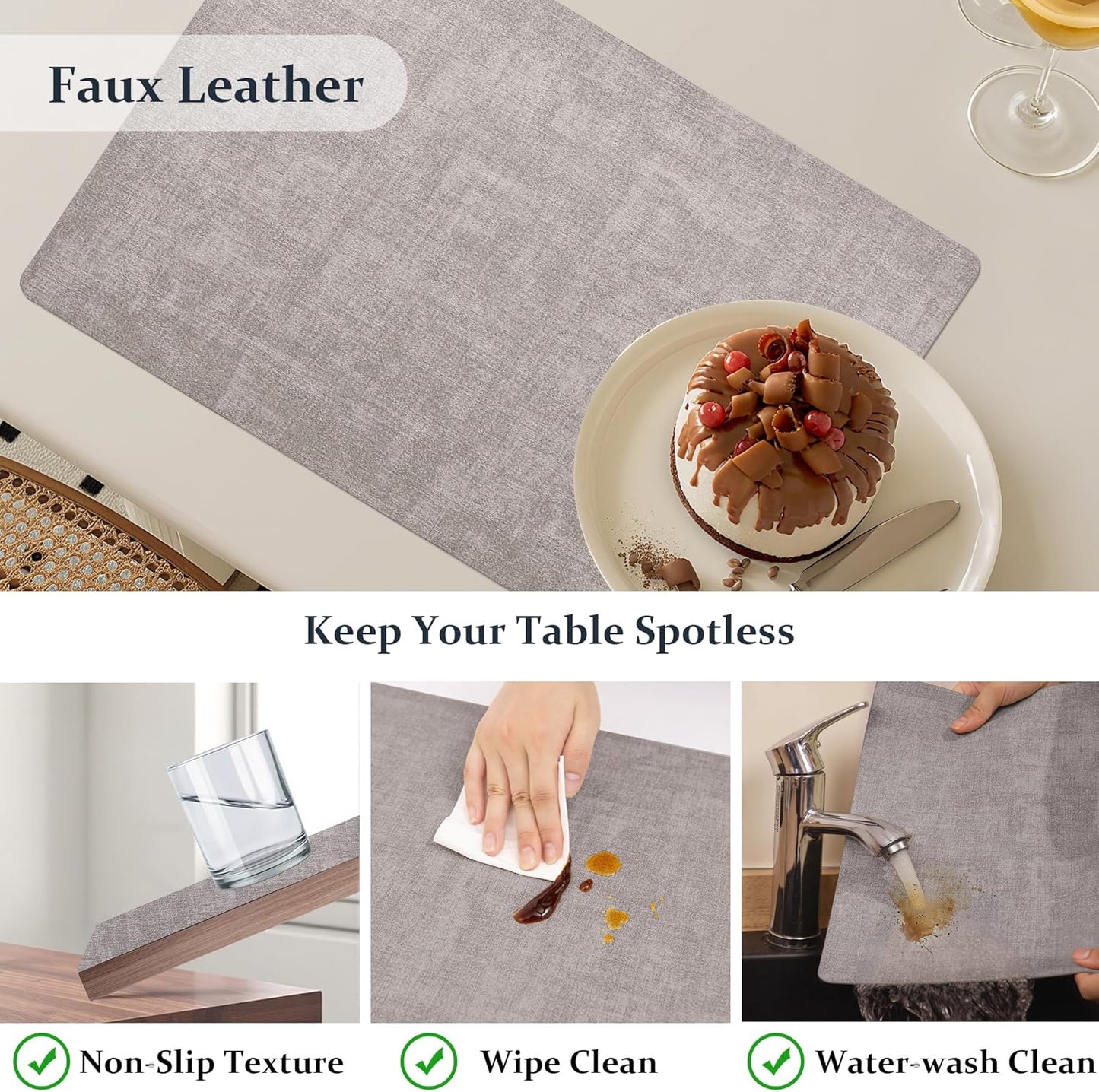 FROMHEART Faux Leather Placemats Set of 8–Waterproof,Heat/Oil Stain-Resistant PU Table Mat–Reversible,Non-Slip,Easy to Clean Place Mats for Kitchen,Dining,Indoor/Outdoor,(Light Grey,11.8" x 17")