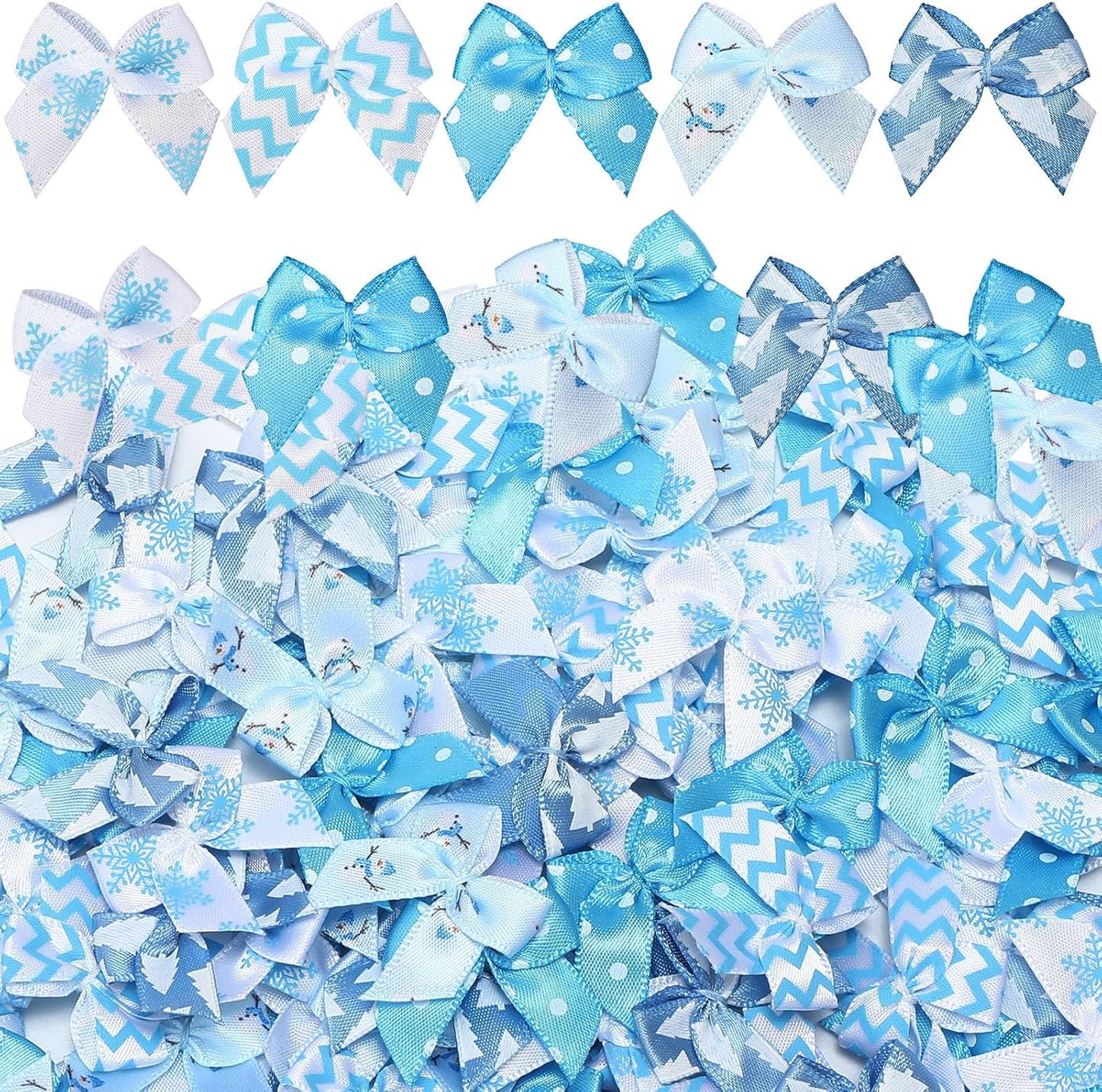 Syhood 150 Pcs Christmas Mini Bow Tiny Twist Tie Bow Handmade Craft Ribbon for DIY Sewing Party Decor(Blue and White,Snowy)