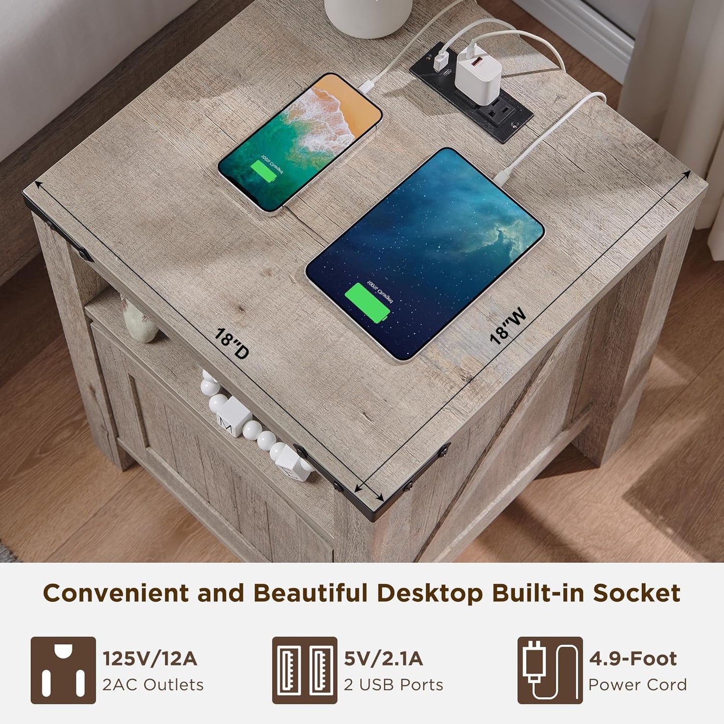 OKD Nightstand with Charging Station Set of 2, 18 Inchs Farmhouse End Table with Adjustable Storage Shelf, Rustic Wood Sofa Side Table for Bedroom