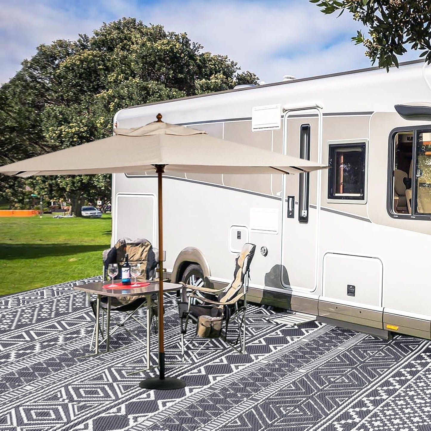 GAOMON Outdoor Rug Waterproof 8'x10', Reversible Outdoor Plastic Straw Rug, Boho Patio Rug, Indoor Outdoor Carpet, RV Mat Outside for Patio, Camp, Picnic, Balcony, Deck, Grey/White(Bohemia)