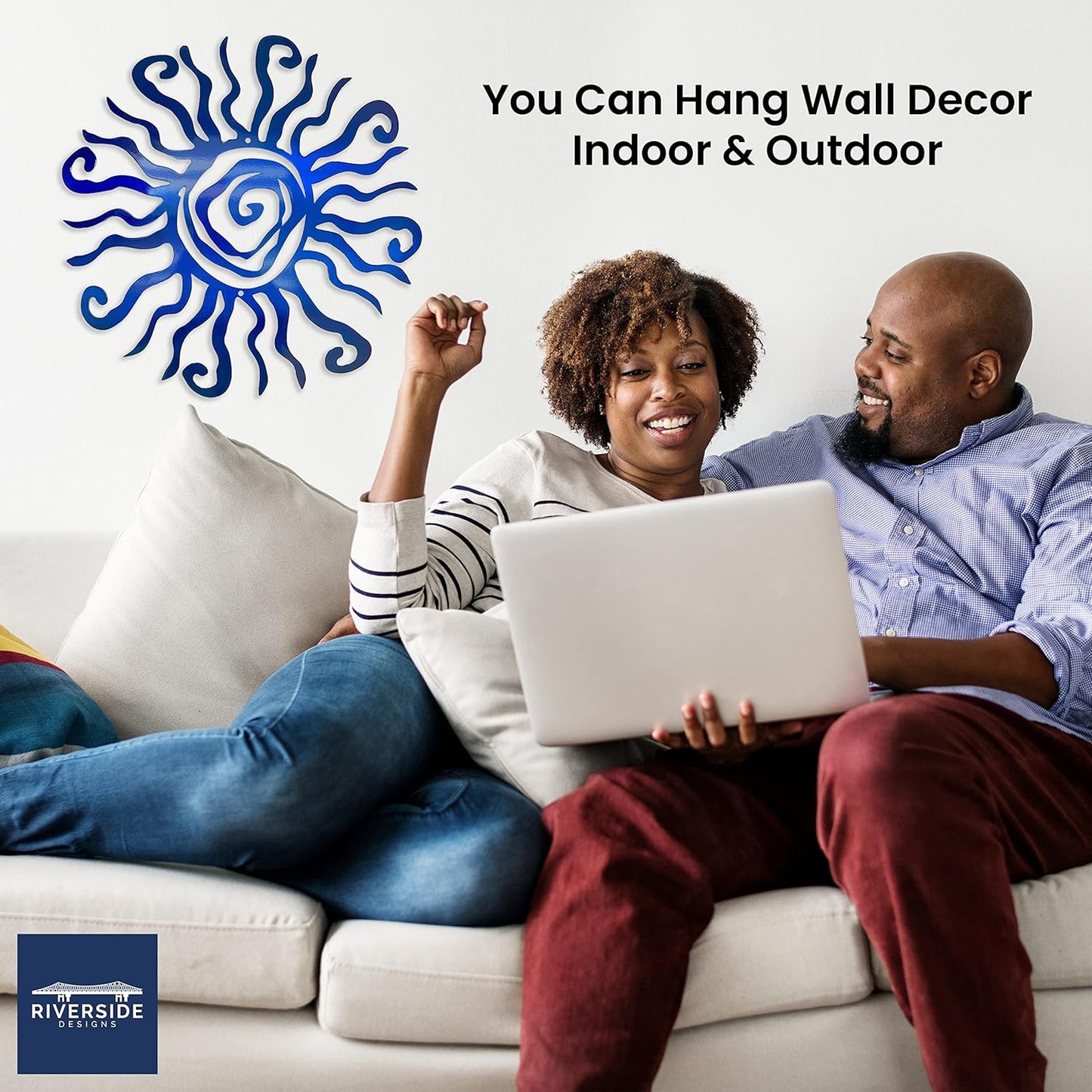 Riverside Designs Wacky Sun Metal Wall Art Indoor/Outdoor Decor - 24" Blue Rust Proof Wall Sculpture - Made in USA - Ideal for Bedroom, Garden, Home, Patio and Farmhouse