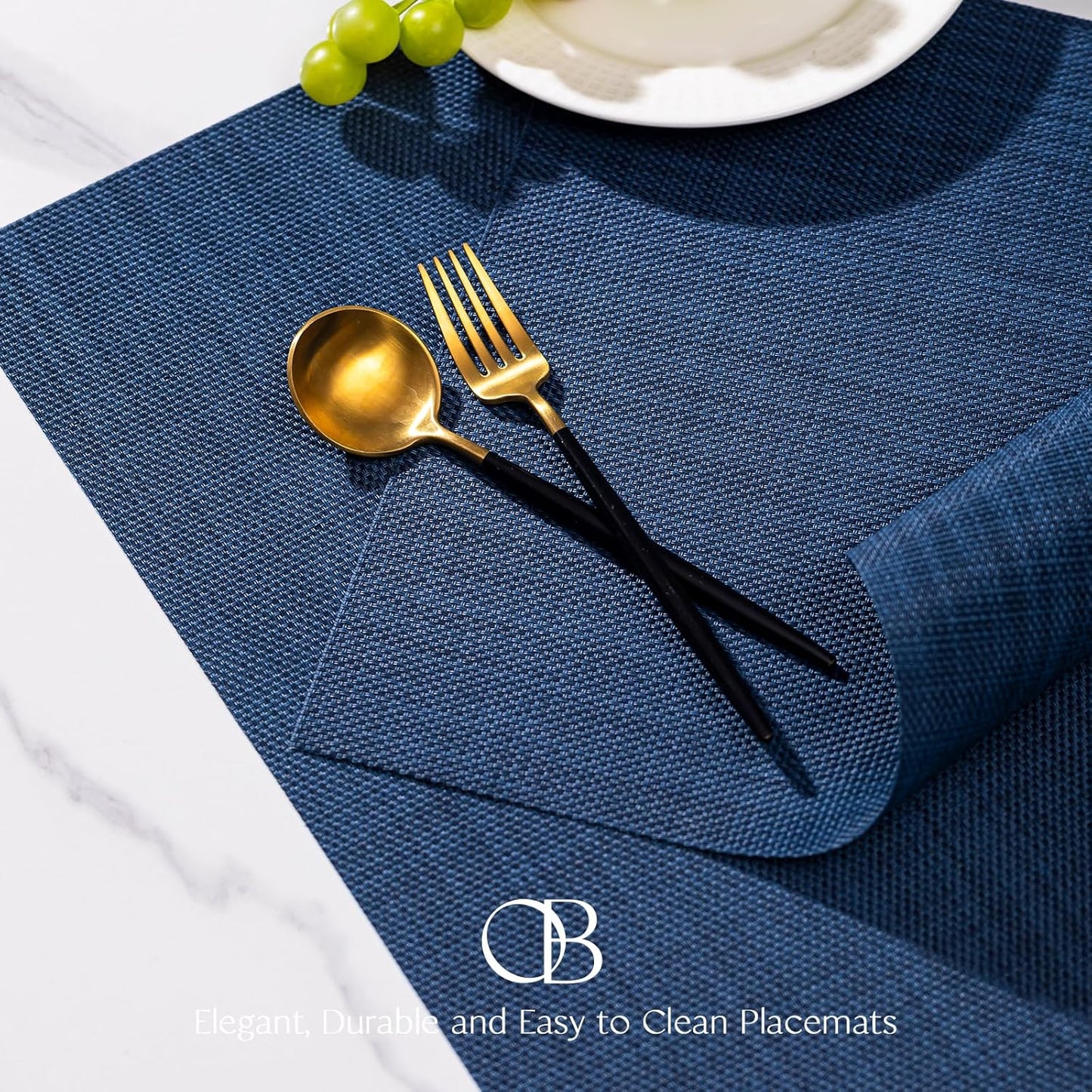 Placemats Set of 6 - Easy Clean Woven Vinyl Placemats for Dining Table, Indoor/Outdoor Place Mats, Washable PVC Table Mats（Navy Blue）