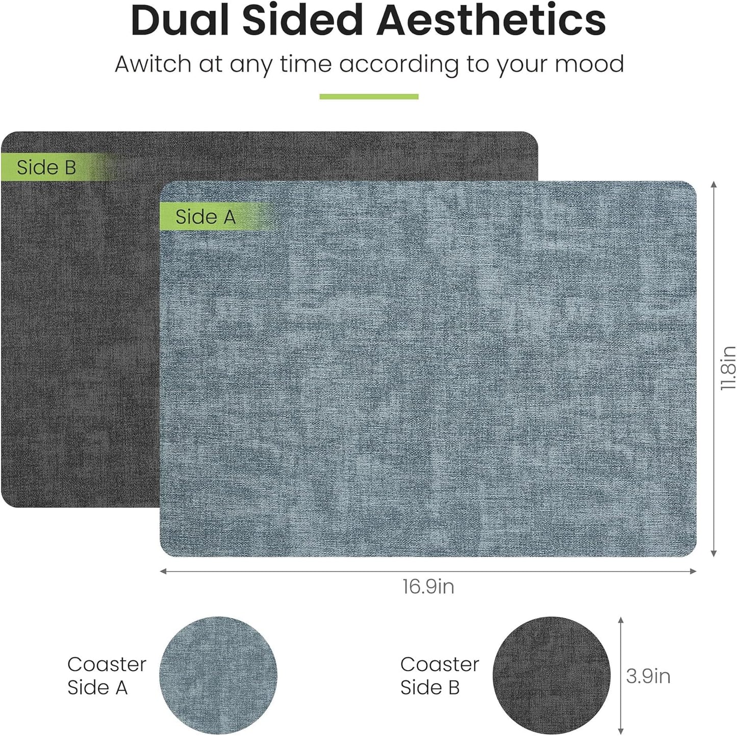 Faux Leather Dual Sided Placemats Set of 4, Square Non-Slip Heat Resistant Placemats with Coaster, Reversible wipeable Waterproof Table Mats for Kitchen, Dining, Outdoor (4, Black Light Blue)