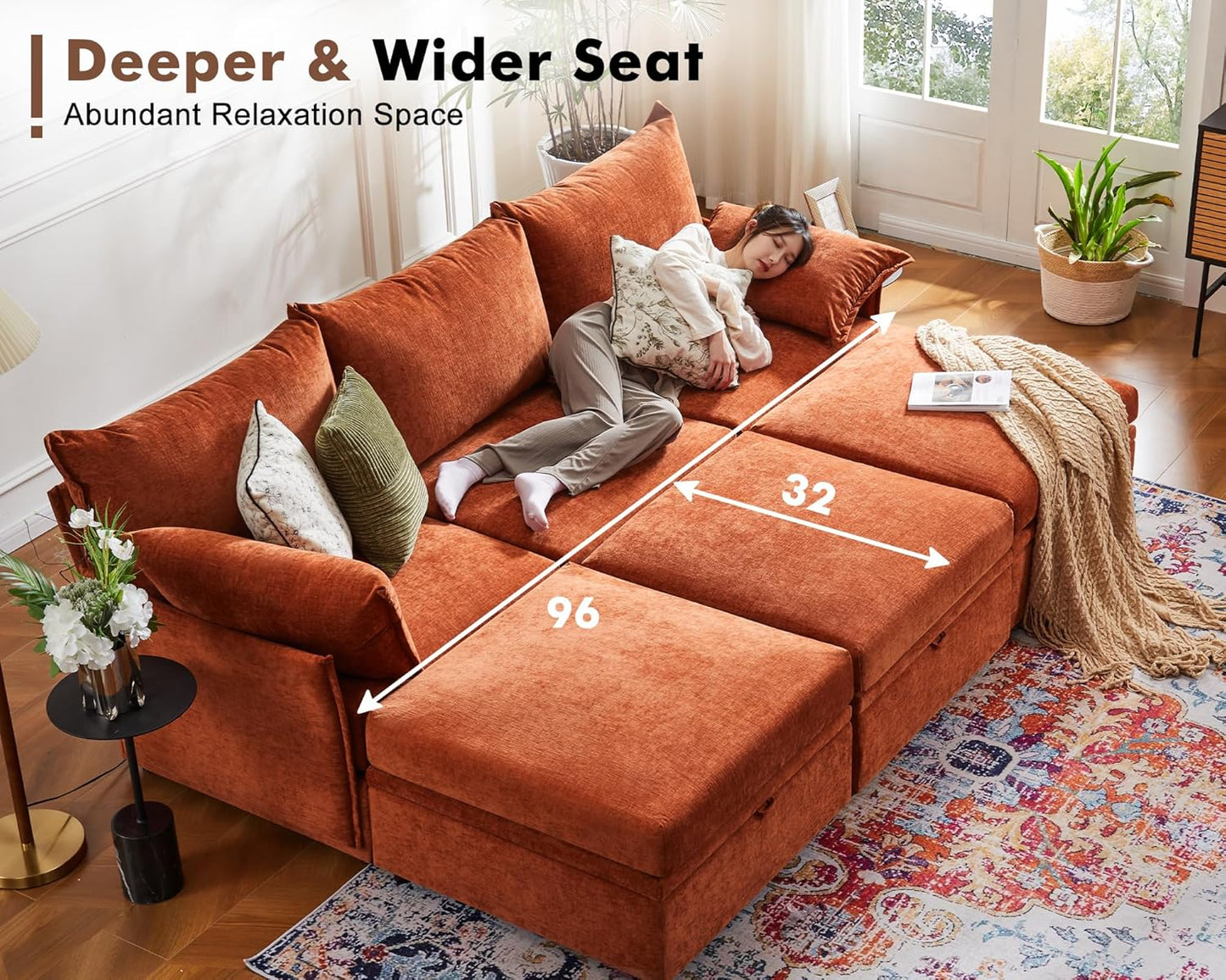 135.5" Oversized Modular Sectional Sofa, L Shaped Convertible Couch with Movable Ottoman, Large 6 Seat Corner Couches for Living Room Deep Seat Terracotta Orange Chenille