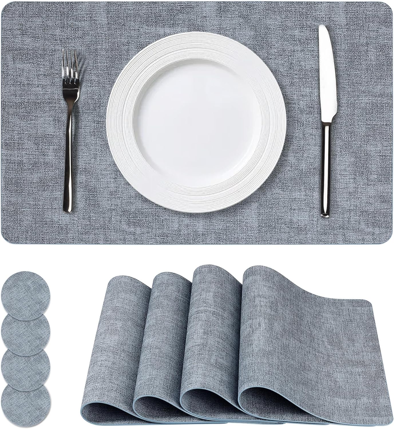 Vinyl Placemats Set of 4, Faux Leather Waterproof and Heat Resistant Place Mats, Washable Anti-Slip Table Mats with Coaster, Wipeable Placemats for Indoor & Outdoor 17" x 12" (Light Blue, Set of 4)