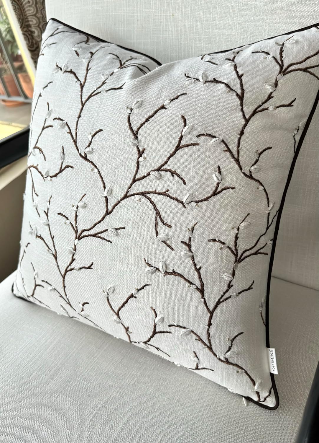 VAGMINE Embroidered Pussy Willow Throw Pillow Cover - 20x20 Inches Square - 100% Cotton Ivory Cushion Cover - Delicate Floral Stitchwork - Chic Home Accent for Sofa, Lounge, Rustic Farmhouse Décor