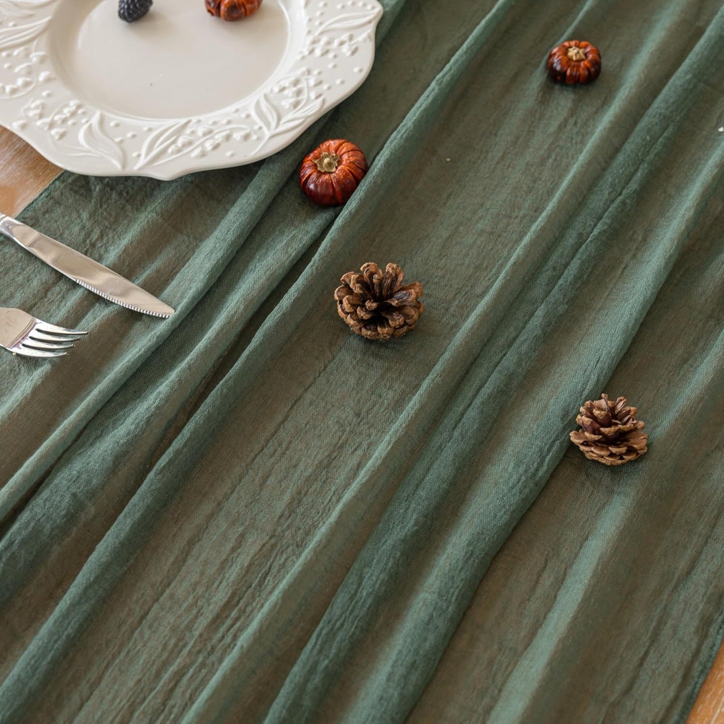 3Pcs Forest Green Gauze Rustic Cheesecloth Table Runner 120 Inch 10 FT for Wedding Baby Shower Bridal Shower Birthday Engagement Garden Outdoor Party Long Sheer Boho Decorations