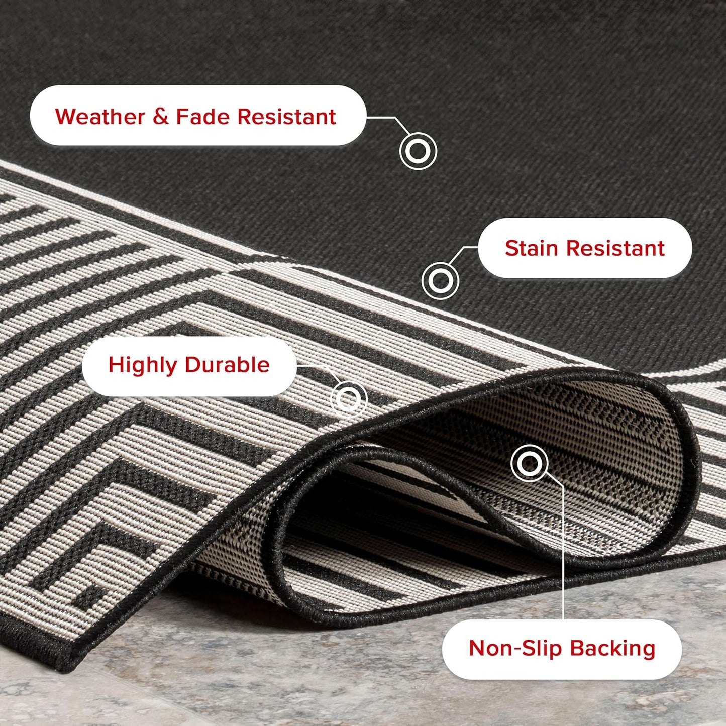 nuLOOM 4' x 6' Outdoor Area Rug, Casual Design With Striped Border, Stain Resistant, Highly Durable, For Patio, Balcony, Bedroom, Living Room, Dining Room, Bathroom, Black